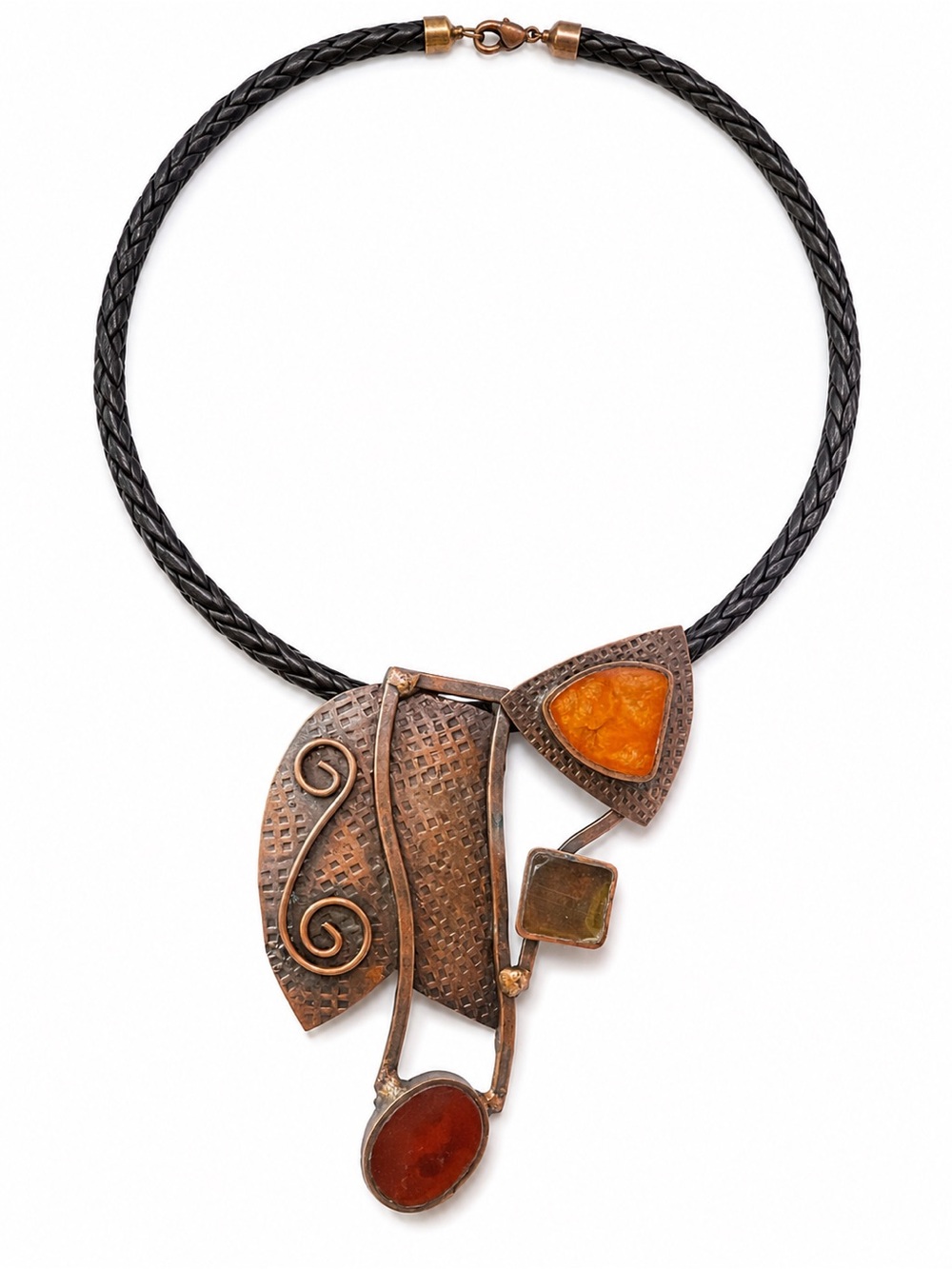 Artisan Copper & Resin Modernist Wearable Art Braided Leather Statement Necklace
